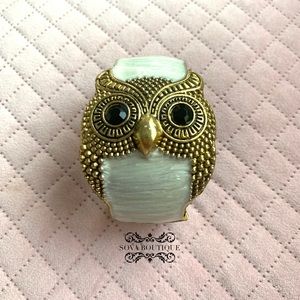Owl White Enamel Gold Cuff Bracelet